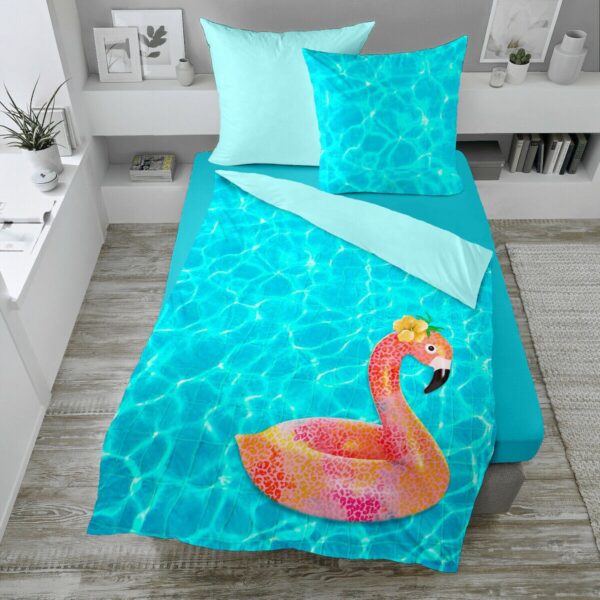 bettwasche sympathica satin 2452 flamingo wasser blau bunt 155x220