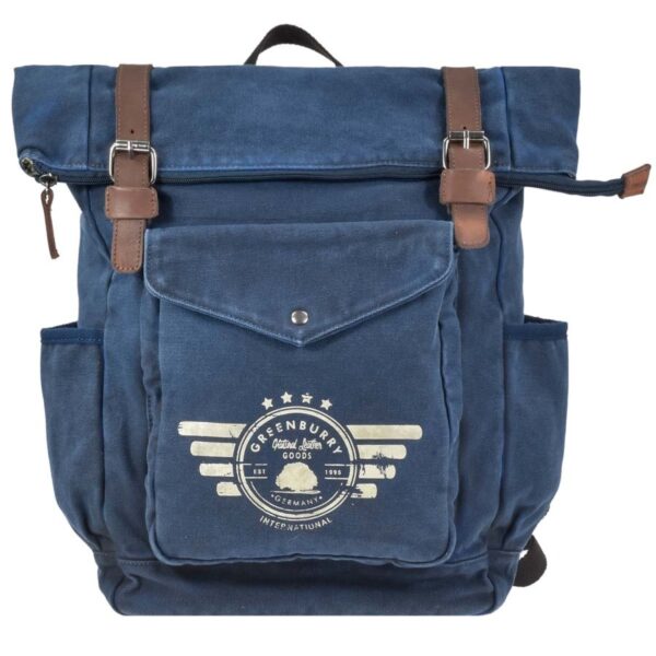 greenburry rucksack canvas blau mit vintage lederparts in braun