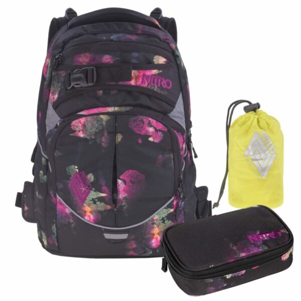 nitro schulrucksack set superhero black rose mit schlamper und regenhaube