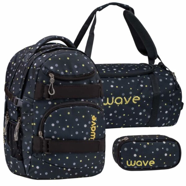 wave schulrucksack set black and yellow dots 3teilig mit sporttasche und schlamper