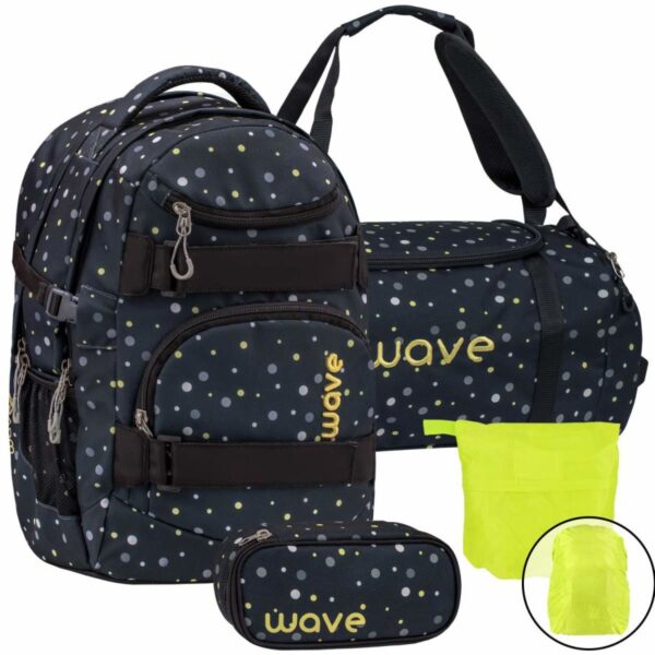 wave schulrucksack set black and yellow dots 4teilig mit sporttasche schlamper und regenschutz