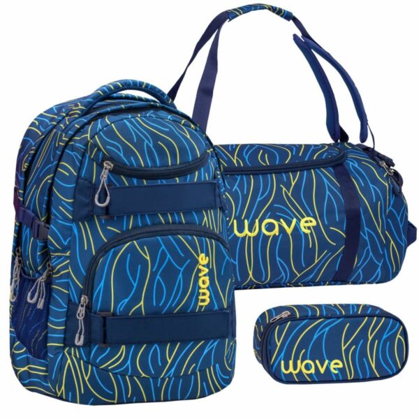 wave schulrucksack set yellow lines 3teilig mit sporttasche und schlamper