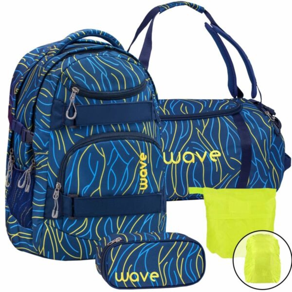 wave schulrucksack set yellow lines 4teilig mit sporttasche schlamper und regenschutz