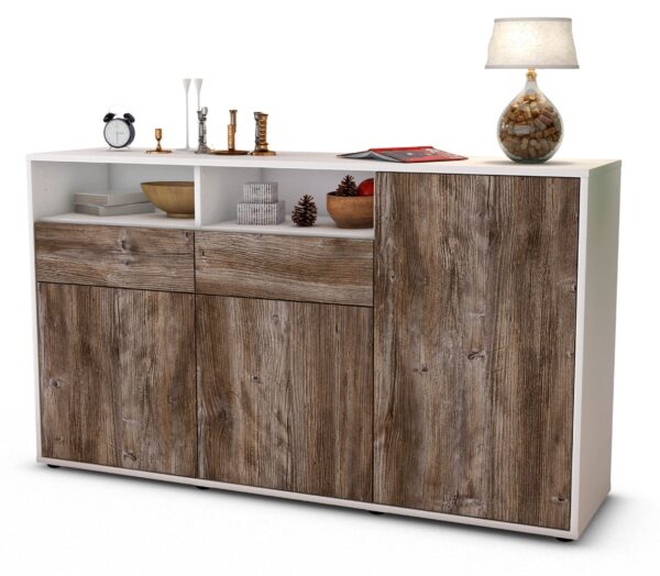 Sideboard Editta | Korpus Weiß | Front in Treibholz Holz Optik | 136x79x35cm (BxHxT)