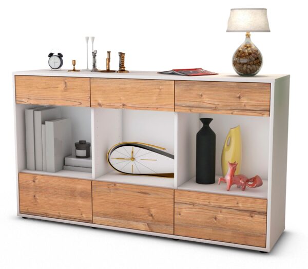 Sideboard Efisia | Korpus Weiß | Front in Pinie Holz Optik | 136x79x35cm (BxHxT)