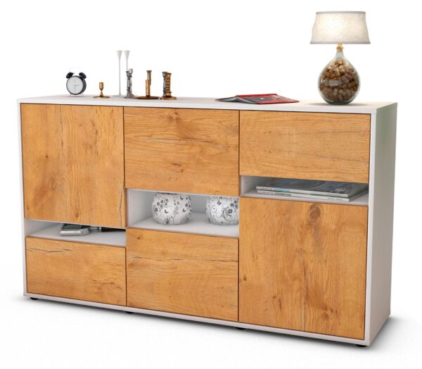 Sideboard Egizia | Korpus Weiß | Front in Eiche Holz Optik | 136x79x35cm (BxHxT)