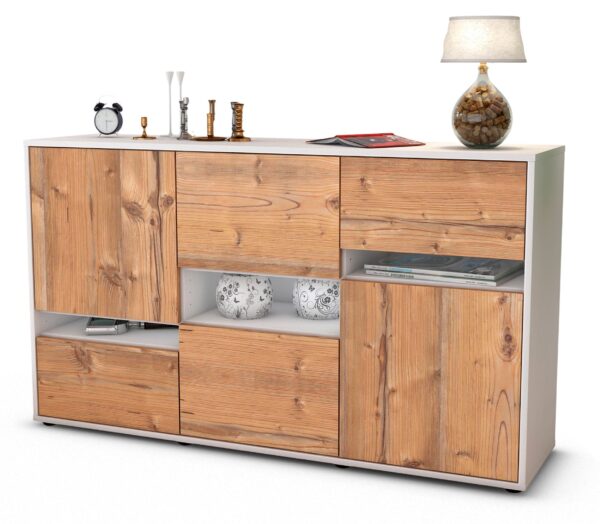 Sideboard Egizia | Korpus Weiß | Front in Pinie Holz Optik | 136x79x35cm (BxHxT)