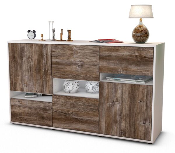 Sideboard Egizia | Korpus Weiß | Front in Treibholz Holz Optik | 136x79x35cm (BxHxT)