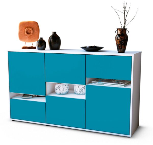 Sideboard Egizia | Korpus Weiß | Front in Türkis | 136x79x35cm (BxHxT)