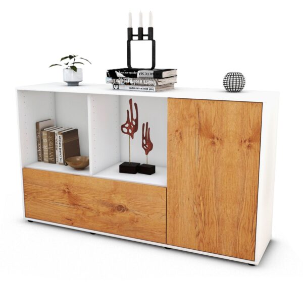 Sideboard Ela | Korpus Weiß | Front in Eiche Holz Optik | 136x79x35cm (BxHxT)