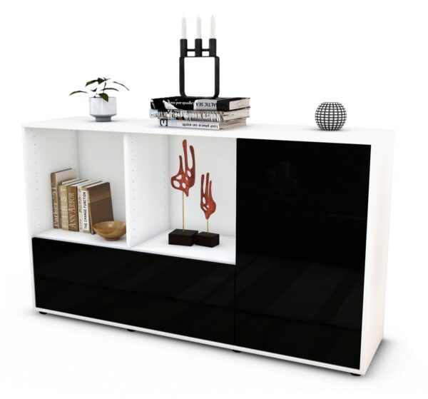 Sideboard Ela | Korpus Weiß | Front in Hochglanz Schwarz | 136x79x35cm (BxHxT)