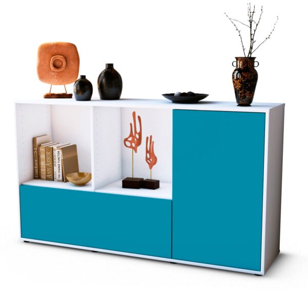 Sideboard Ela | Korpus Weiß | Front in Türkis | 136x79x35cm (BxHxT)