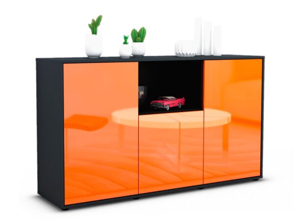 Sideboard Demetria | Korpus Anthrazit | Front in Hochglanz Orange | 136x79x35cm (BxHxT)