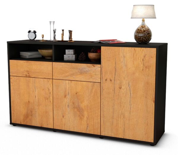 Sideboard Editta | Korpus Anthrazit | Front in Eiche Holz Optik | 136x79x35cm (BxHxT)