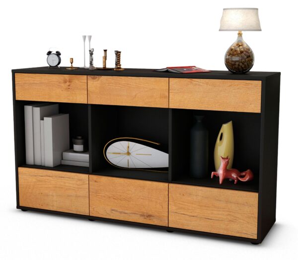 Sideboard Efisia | Korpus Anthrazit | Front in Eiche Holz Optik | 136x79x35cm (BxHxT)