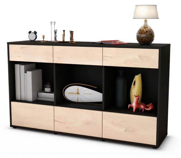 Sideboard Efisia | Korpus Anthrazit | Front in Zeder Holz Optik | 136x79x35cm (BxHxT)