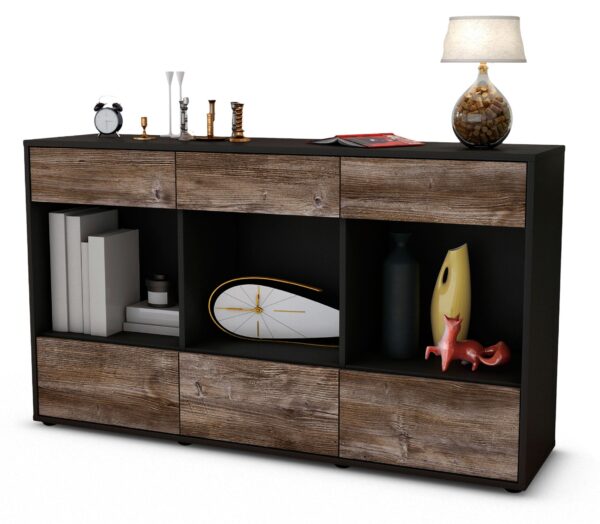 Sideboard Efisia | Korpus Anthrazit | Front in Treibholz Holz Optik | 136x79x35cm (BxHxT)