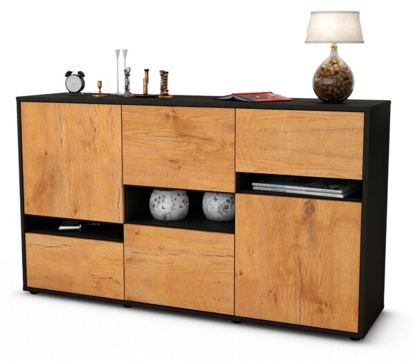 Sideboard Egizia | Korpus Anthrazit | Front in Eiche Holz Optik | 136x79x35cm (BxHxT)