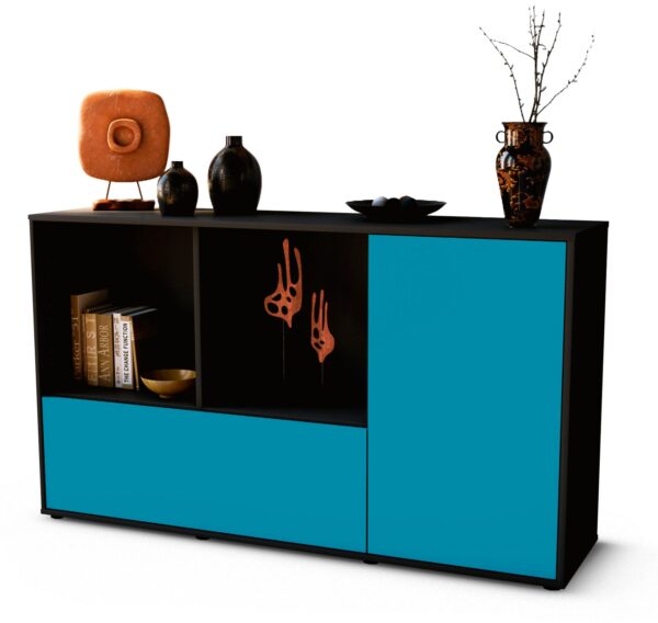 Sideboard Ela | Korpus Anthrazit | Front in Türkis | 136x79x35cm (BxHxT)