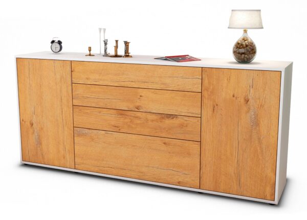 Sideboard Eleni | Korpus Weiß | Front in Eiche Holz Optik | 180x79x35cm (BxHxT)