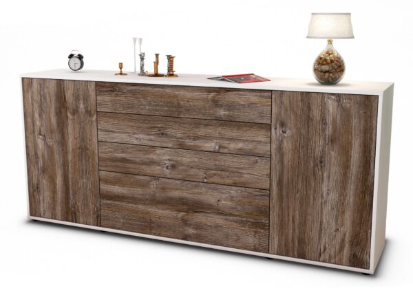 Sideboard Eleni | Korpus Weiß | Front in Treibholz Holz Optik | 180x79x35cm (BxHxT)