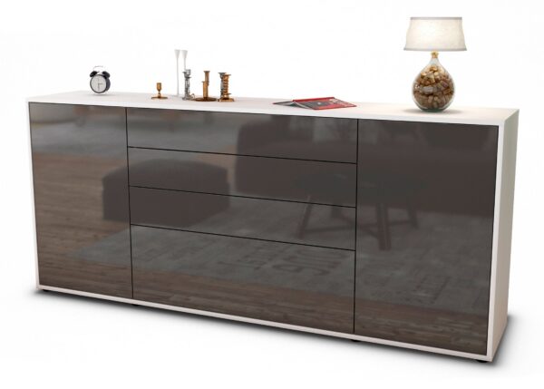 Sideboard Eleni | Korpus Weiß | Front in Hochglanz Grau | 180x79x35cm (BxHxT)