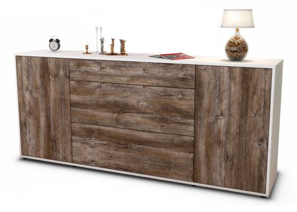 Sideboard Eleonora | Korpus Weiß | Front in Treibholz Holz Optik | 180x79x35cm (BxHxT)