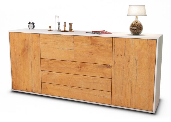 Sideboard Eliana | Korpus Weiß | Front in Eiche Holz Optik | 180x79x35cm (BxHxT)