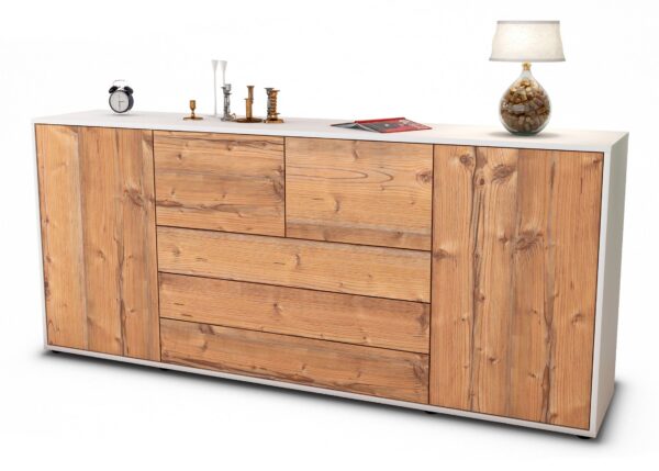 Sideboard Eliana | Korpus Weiß | Front in Pinie Holz Optik | 180x79x35cm (BxHxT)