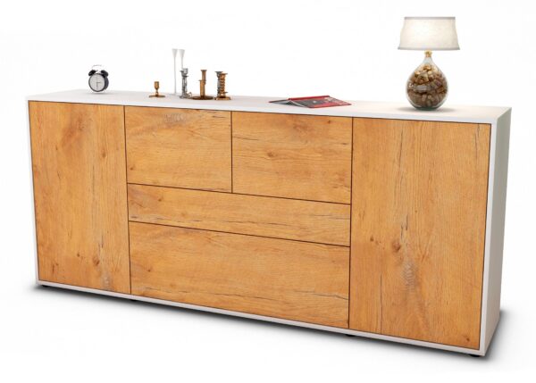 Sideboard Elisa | Korpus Weiß | Front in Eiche Holz Optik | 180x79x35cm (BxHxT)