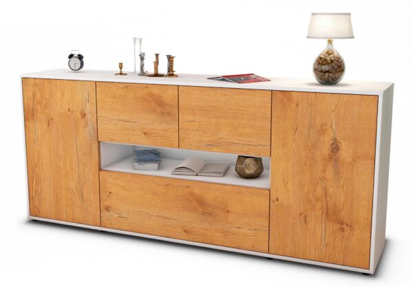 Sideboard Elisabetta | Korpus Weiß | Front in Eiche Holz Optik | 180x79x35cm (BxHxT)