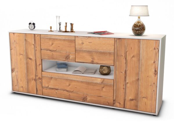 Sideboard Elisabetta | Korpus Weiß | Front in Pinie Holz Optik | 180x79x35cm (BxHxT)