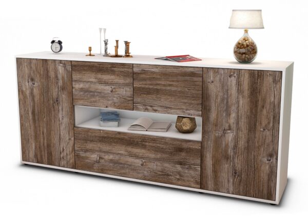 Sideboard Elisabetta | Korpus Weiß | Front in Treibholz Holz Optik | 180x79x35cm (BxHxT)