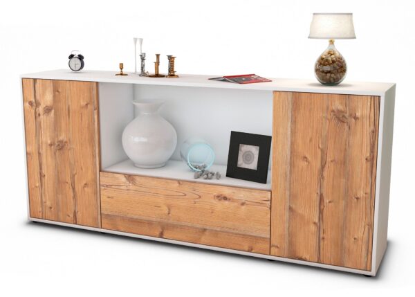 Sideboard Ella | Korpus Weiß | Front in Pinie Holz Optik | 180x79x35cm (BxHxT)