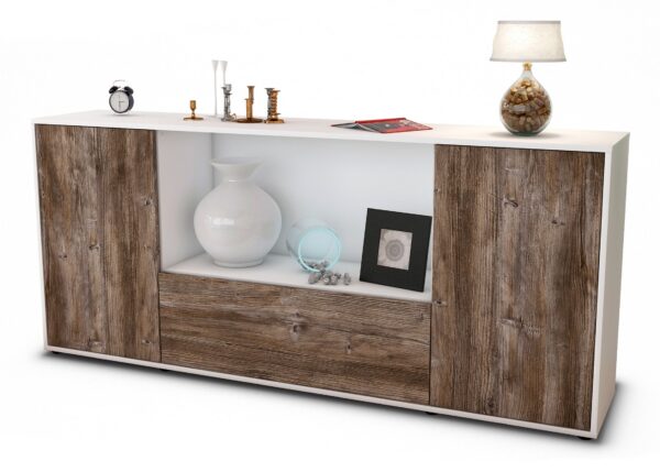 Sideboard Ella | Korpus Weiß | Front in Treibholz Holz Optik | 180x79x35cm (BxHxT)