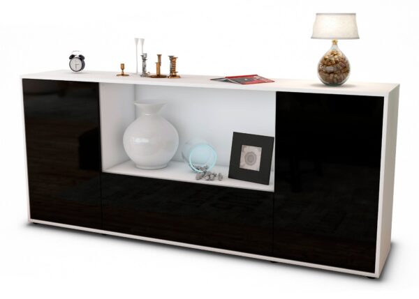 Sideboard Ella | Korpus Weiß | Front in Hochglanz Schwarz | 180x79x35cm (BxHxT)