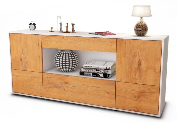 Sideboard Elodie | Korpus Weiß | Front in Eiche Holz Optik | 180x79x35cm (BxHxT)