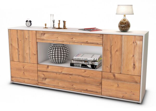 Sideboard Elodie | Korpus Weiß | Front in Pinie Holz Optik | 180x79x35cm (BxHxT)