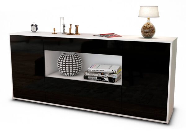 Sideboard Elodie | Korpus Weiß | Front in Hochglanz Schwarz | 180x79x35cm (BxHxT)