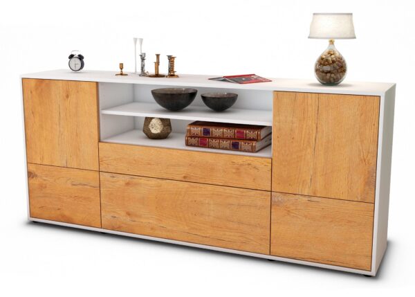 Sideboard Eluana | Korpus Weiß | Front in Eiche Holz Optik | 180x79x35cm (BxHxT)