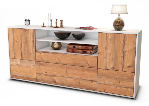 Sideboard Eluana | Korpus Weiß | Front in Pinie Holz Optik | 180x79x35cm (BxHxT)