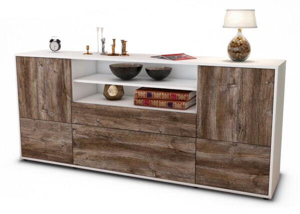 Sideboard Eluana | Korpus Weiß | Front in Treibholz Holz Optik | 180x79x35cm (BxHxT)