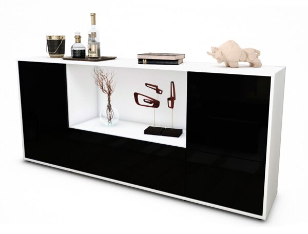 Sideboard Elvezia | Korpus Weiß | Front in Hochglanz Schwarz | 180x79x35cm (BxHxT)