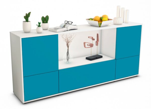 Sideboard Elvezia | Korpus Weiß | Front in Türkis | 180x79x35cm (BxHxT)