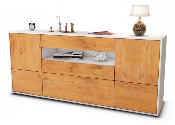 Sideboard Elvira | Korpus Weiß | Front in Eiche Holz Optik | 180x79x35cm (BxHxT)