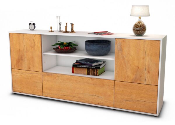 Sideboard Emanuela | Korpus Weiß | Front in Eiche Holz Optik | 180x79x35cm (BxHxT)