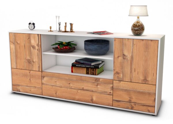 Sideboard Emanuela | Korpus Weiß | Front in Pinie Holz Optik | 180x79x35cm (BxHxT)