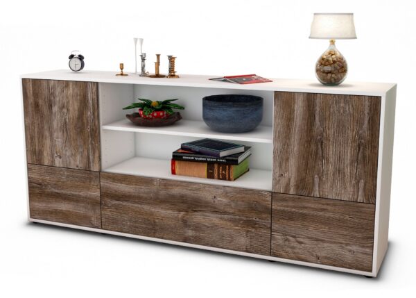 Sideboard Emanuela | Korpus Weiß | Front in Treibholz Holz Optik | 180x79x35cm (BxHxT)