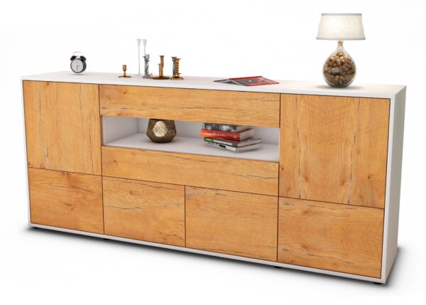 Sideboard Emely | Korpus Weiß | Front in Eiche Holz Optik | 180x79x35cm (BxHxT)