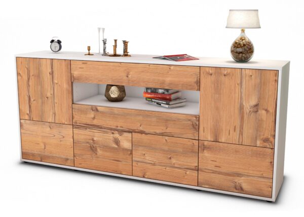 Sideboard Emely | Korpus Weiß | Front in Pinie Holz Optik | 180x79x35cm (BxHxT)